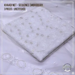 Unstitched White Khaadi Net Embroidered 3 Piece Suit K-204
