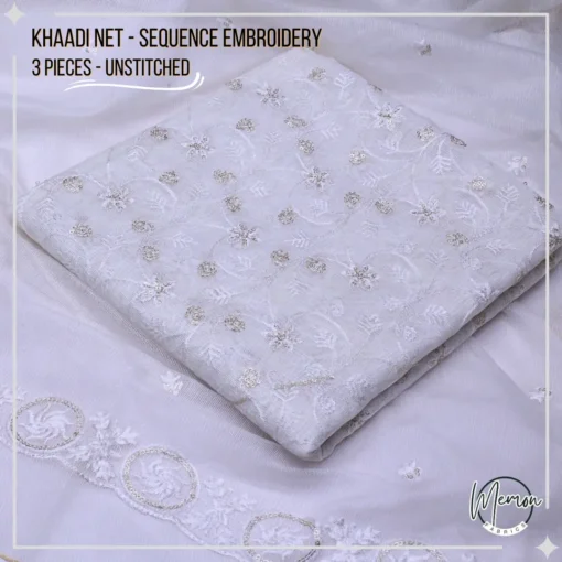 Unstitched White Khaadi Net Embroidered 3 Piece Suit K-204