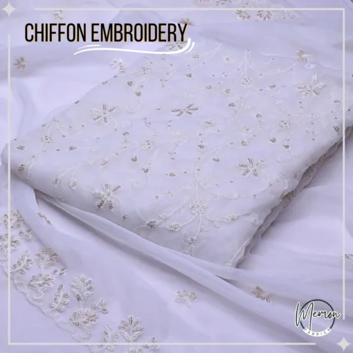 White Chiffon Embroidered 3 Piece Unstitched Suit W-220